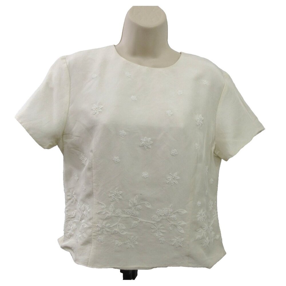 Kazu Blouse Shell Sz 12 100% Silk Cream Embroidered Short Sleeve Covered Buttons